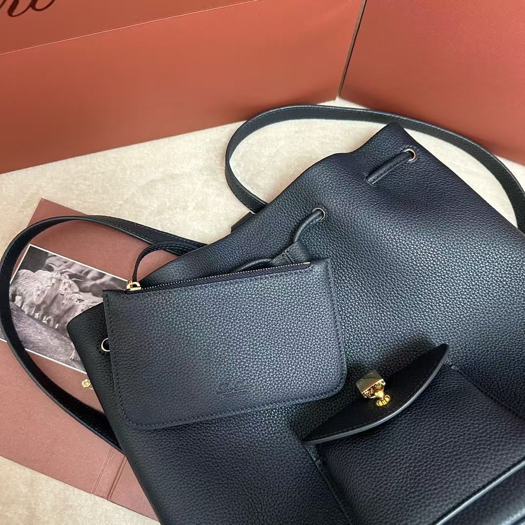 「#3591」loro piana extra black imported cowhide drawstring backpack, size: 25*27*14cm